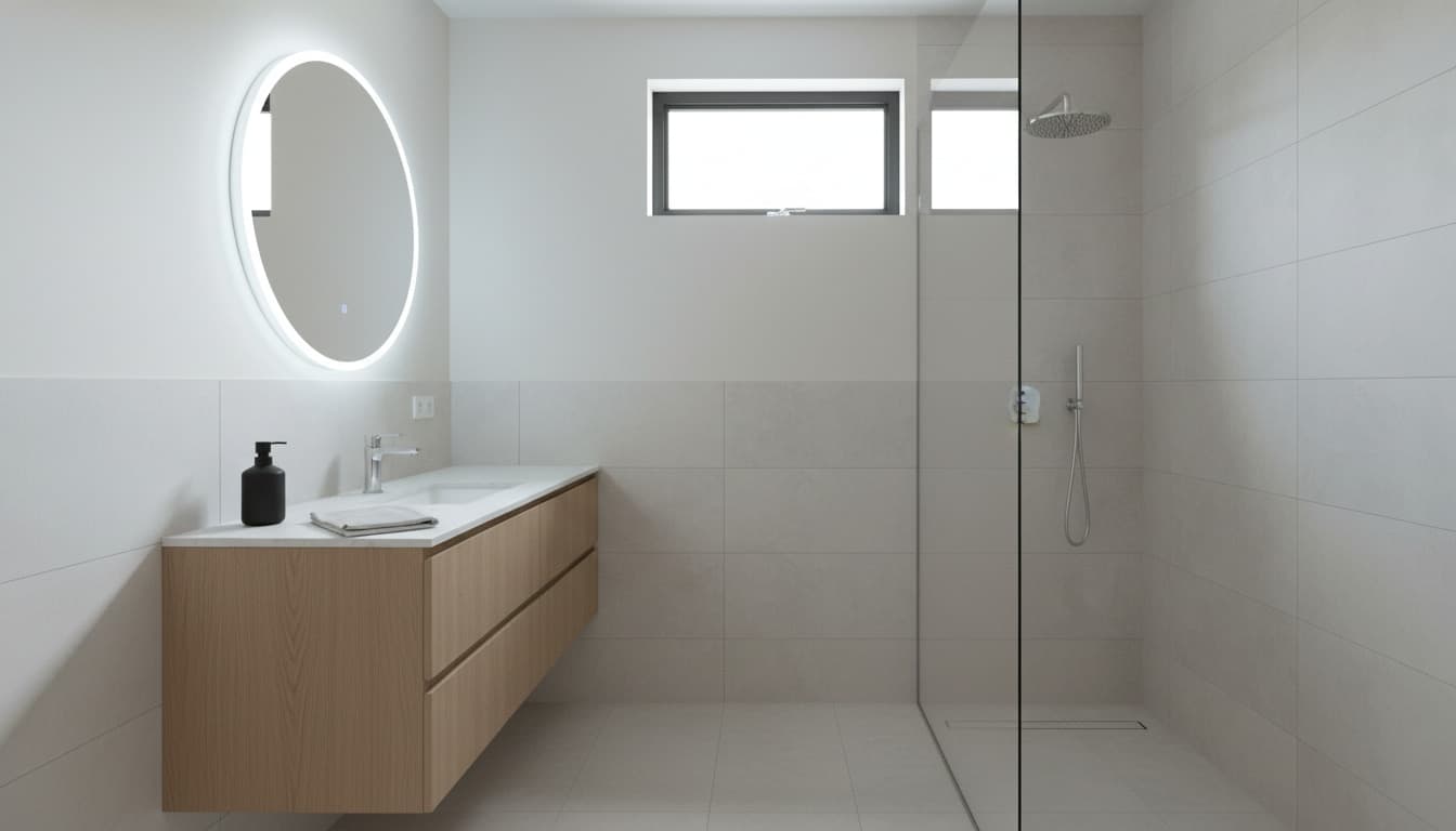 A bright, airy bathroom rendered in one of 32 styles