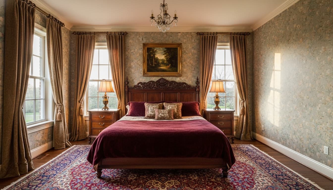 Single-story home floor plan transformed into a warm, traditional furnished bedroom render — after