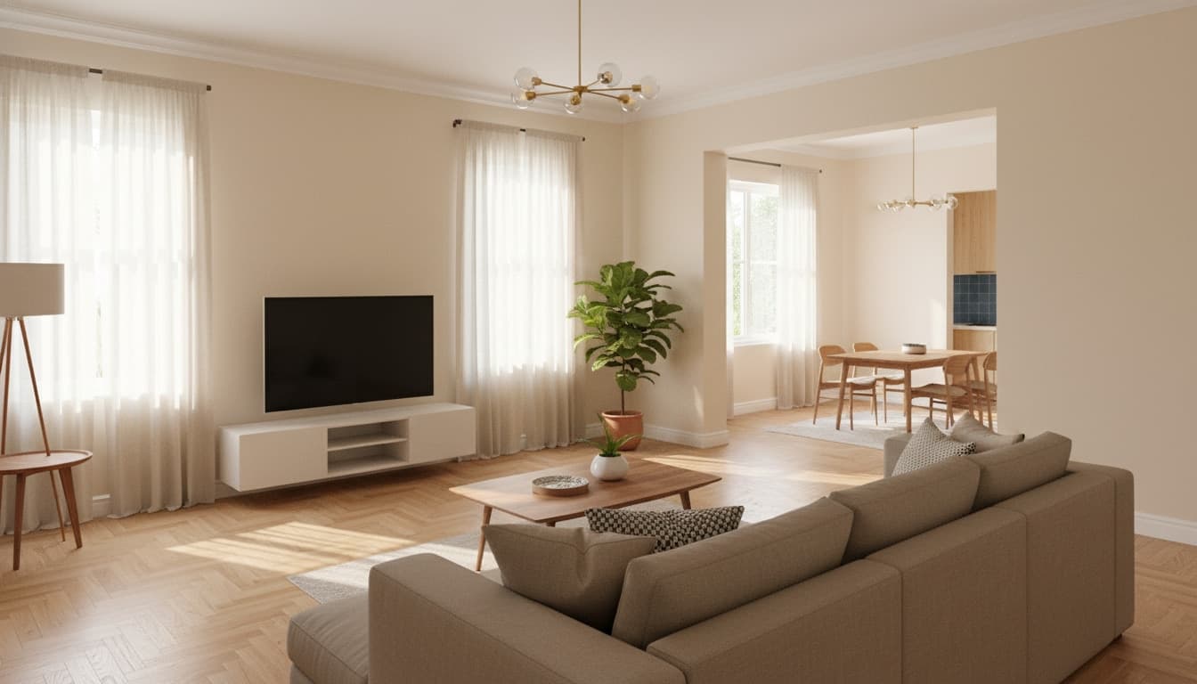 Photoreal living room rendered from a single-story modern home plan