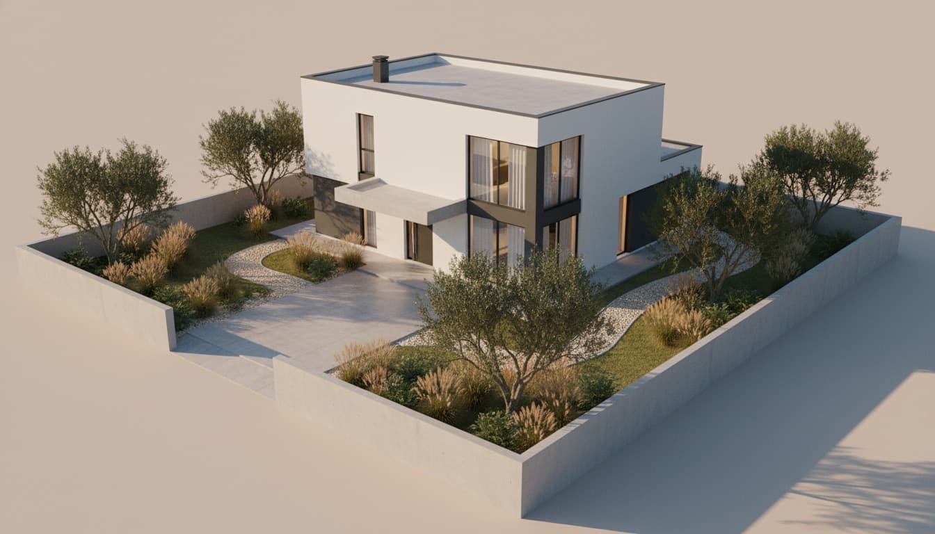 Aerial view of a contemporary villa rendered onto an empty plot