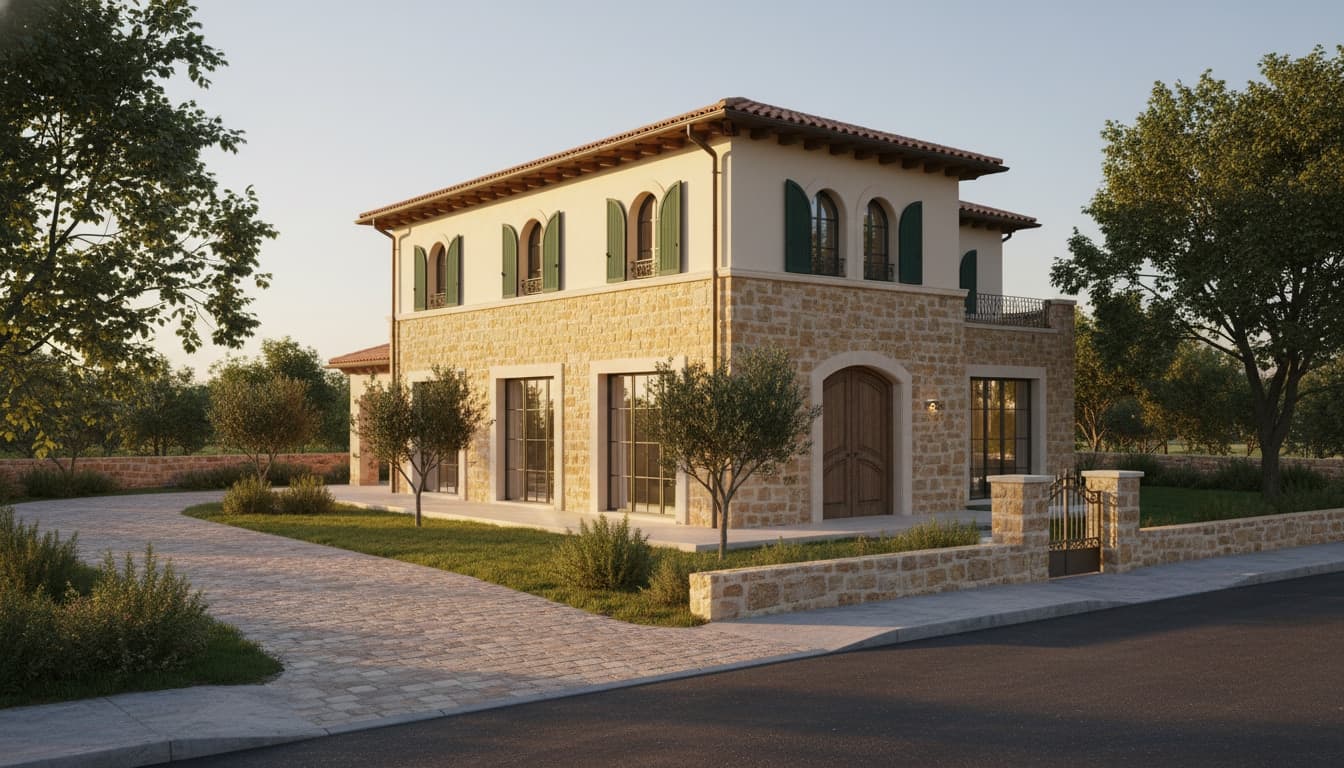 Empty plot plan transformed into a Mediterranean villa exterior render — after
