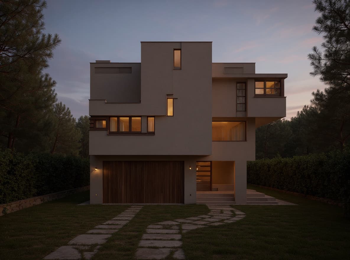 Architectural north-elevation line drawing of a modernist house transformed into a photoreal dusk render — after