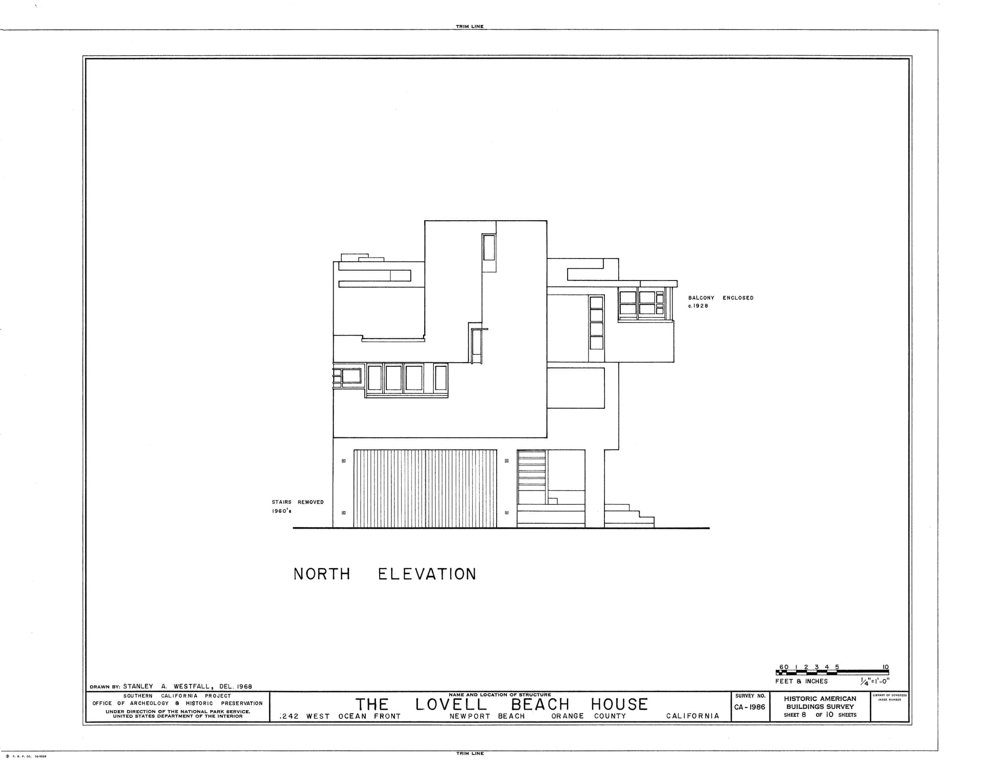 Architectural north-elevation line drawing of a modernist house transformed into a photoreal dusk render — before