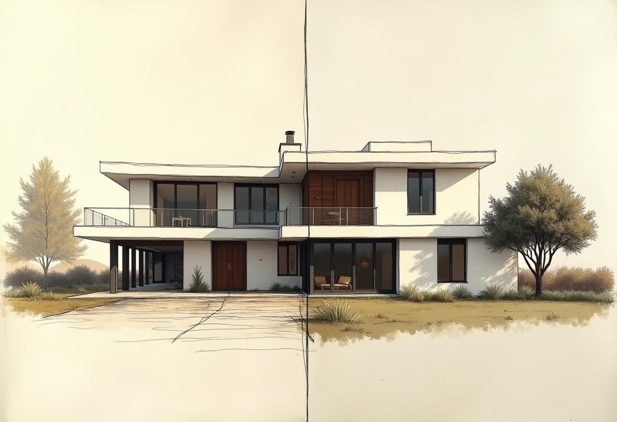 A hand-drawn architectural sketch becoming a photoreal render
