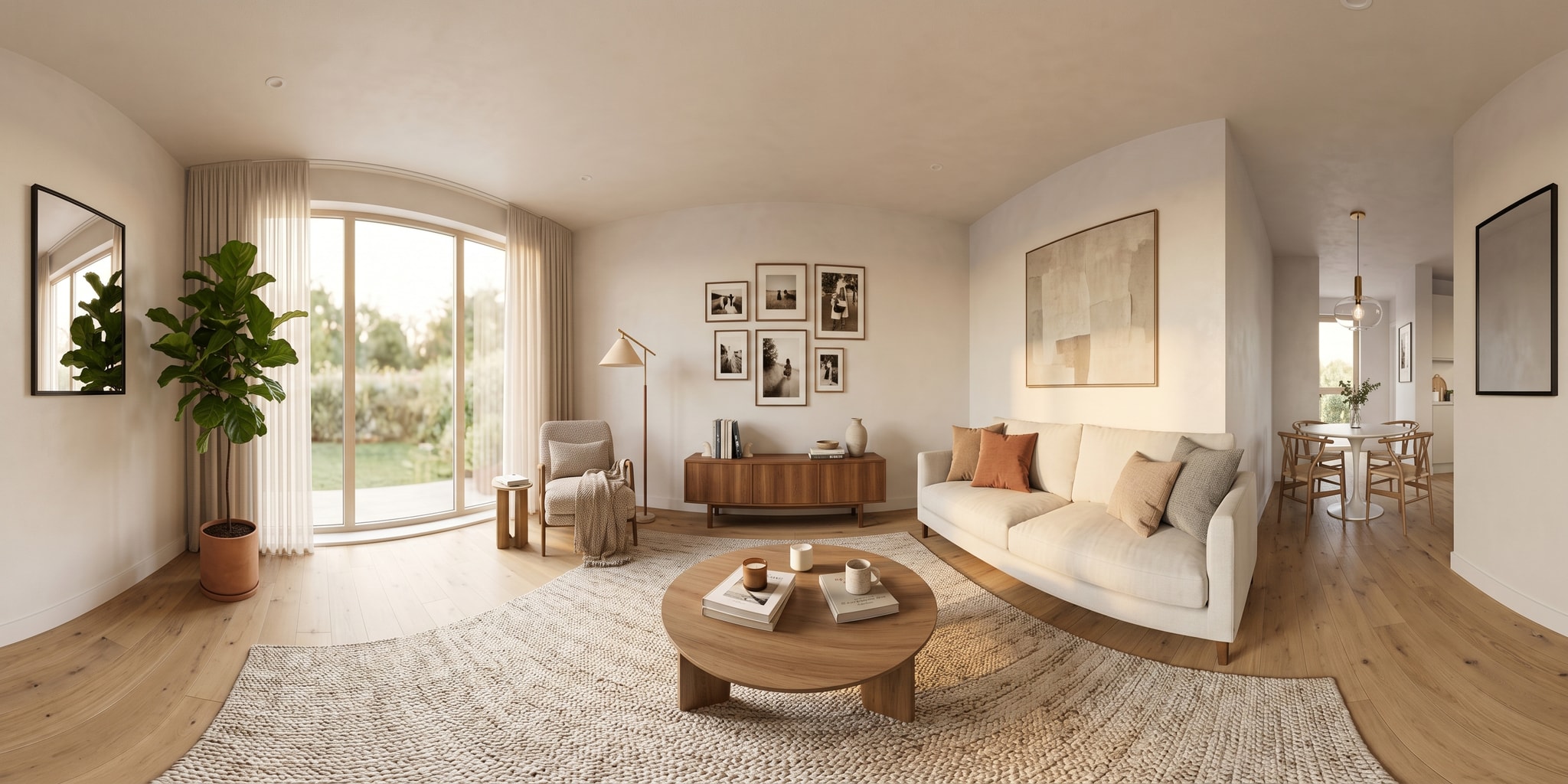 A warm modern living room captured as an explorable 360° panorama